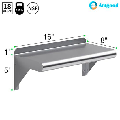 16" Long X 8" Deep Stainless Steel Wall Shelf