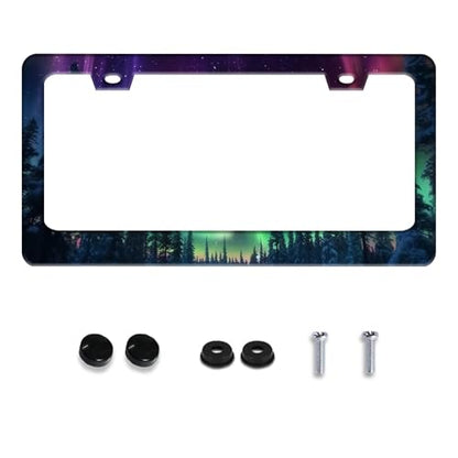 Starry Sky Aurora Forest License Plate Frame Stainless Steel with Screws