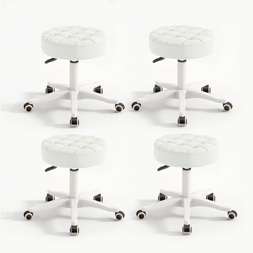 Small Chair Round Rolling Stool with Wheels PU Leather Height Adjustable Swivel Drafting Work SPA Salon Stools Home Office Chair (4 Count)