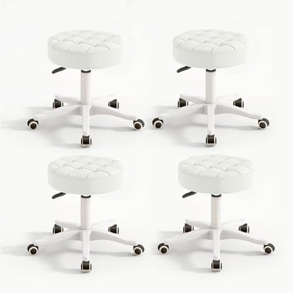 Small Chair Round Rolling Stool with Wheels PU Leather Height Adjustable Swivel Drafting Work SPA Salon Stools Home Office Chair (4 Count)