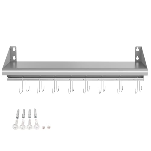 12" x 48" Stainless Steel Shelf Wall Mounted with 8 Hooks