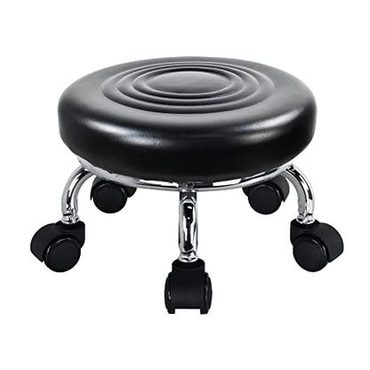 Modern Roller Seat PU Leather Foot Stool Low Round Rolling Stool 360° Step Stool Swivel Small Seat with Universal Wheels for Home Office Garage Shop Fitness Sport H：8.4" （Black）