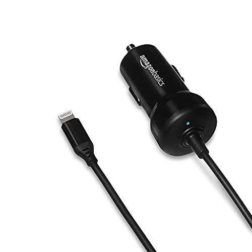 12W (5V, 2.4A) Fast Car Charger with Coiled Lightning Cable, MFi Certified for iPhone, iPad and Apple Devices, 1.5 ft, Black