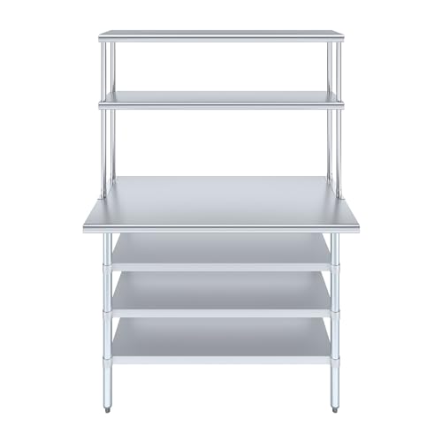 24" x 48" Stainless Steel Work Table with 3 Shelves and 12" Wide Double Tier Overshelf