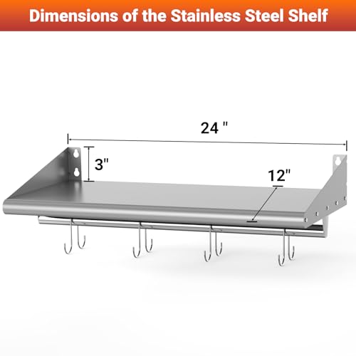 12" x 24" Stainless Steel Wall Mounted Shelf with 4 Hooks