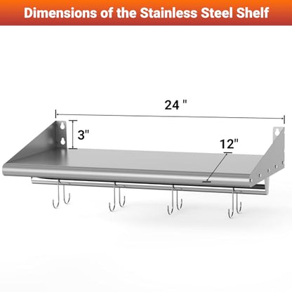 12" x 24" Stainless Steel Wall Mounted Shelf with 4 Hooks