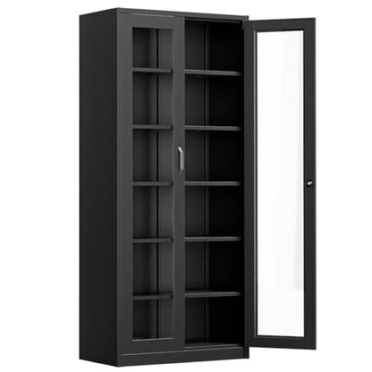 Lockable Display Cabinet with Glass Doors & 5 Adjustable Shelves
