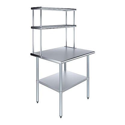 Stainless Steel Work Table Double Tier Overshelf 30" x 36" Work Table + 12" Overshelf