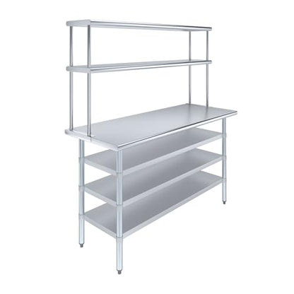 24" x 60" Stainless Steel Work Table with 3 Shelves and 12" Wide Double Tier Overshelf