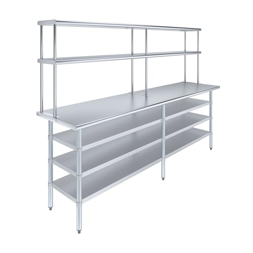 24" x 96" Stainless Steel Work Table with 3 Shelves and 12" Wide Double Tier Overshelf