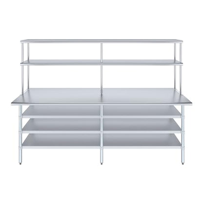 24" x 96" Stainless Steel Work Table with 3 Shelves and 12" Wide Double Tier Overshelf