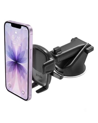 Easy One Touch Signature Dashboard & Windshield Universal Car Mount Phone Holder Desk Stand with Suction Cup Base and Telescopic Arm for iPhone