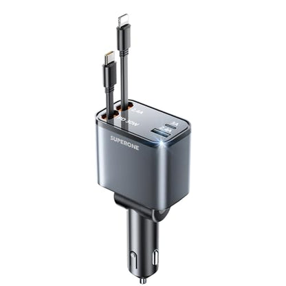 Smaller 4 in 1 Retractable Car Charger with Type C & L Cords