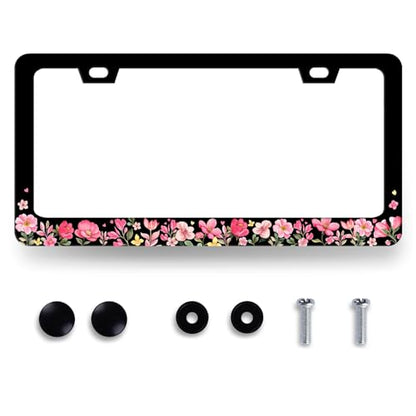 Pink Floral License Plate Frame Colorful Flower License Holder with 2 Holes
