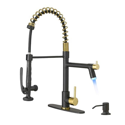 Commercial Kitchen Faucets with Pull Down Sprayer Matte Black&Gold