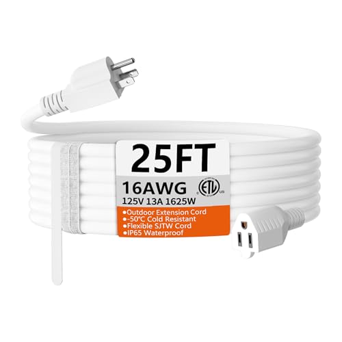 Indoor Outdoor White Extension Cord 25 FT Waterproof 16
