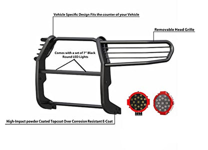 Black Horse Grille Brush Bumper Guard Modular Black Come with Pair of 7.0" Dia.LED Lights with Red Trim Rings Compatible with 2006