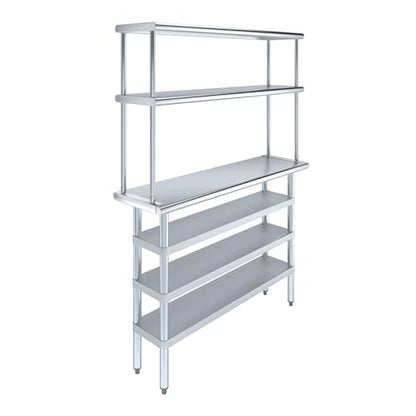 14" x 48" Stainless Steel Work Table with 3 Shelves and 12" Wide Double Tier Overshelf