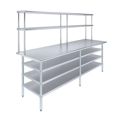 30" x 96" Stainless Steel Work Table with 3 Shelves and 12" Wide Double Tier Overshelf
