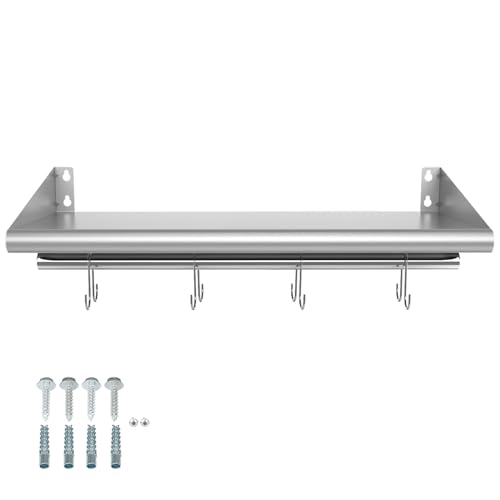 12" x 24" Stainless Steel Wall Mounted Shelf with 4 Hooks