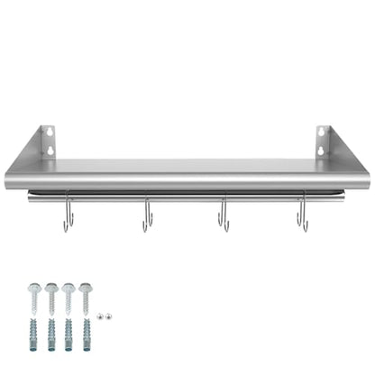 12" x 24" Stainless Steel Wall Mounted Shelf with 4 Hooks
