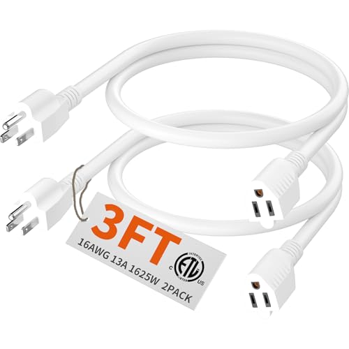 Indoor White Extension Cord 3FT 2Pc Waterproof 16