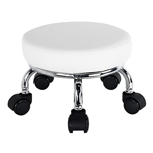 Modern Roller Seat PU Leather Low Round Rolling Stool 360° Swivel Small Seat with Universal Wheels Foot Stool for Home Office Garage Shop Fitness Sport H：8.6" （White）