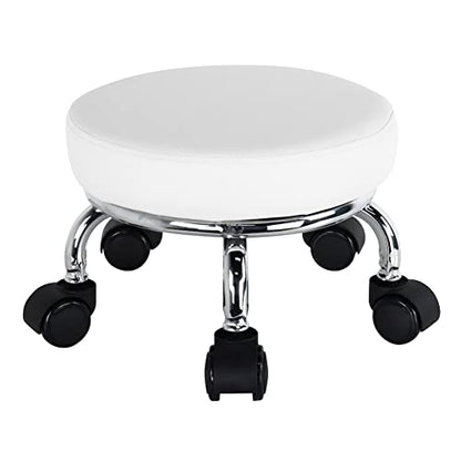 Modern Roller Seat PU Leather Low Round Rolling Stool 360° Swivel Small Seat with Universal Wheels Foot Stool for Home Office Garage Shop Fitness Sport H：8.6" （White）