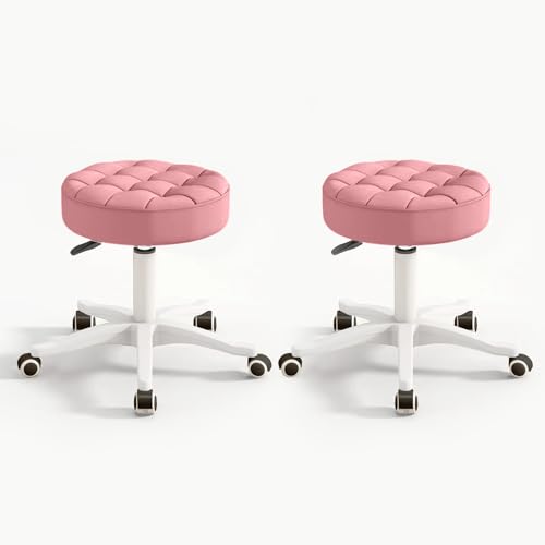 Small Chair Round Rolling Stool with Wheels PU Leather Height Adjustable Swivel Drafting Work SPA Salon Stools Home Office Chair (2 Count)