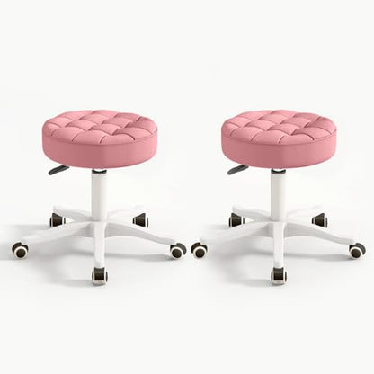 Small Chair Round Rolling Stool with Wheels PU Leather Height Adjustable Swivel Drafting Work SPA Salon Stools Home Office Chair (2 Count)