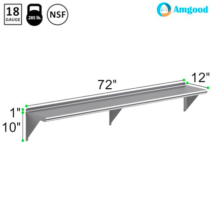 72" Long X 12" Deep Stainless Steel Wall Shelf