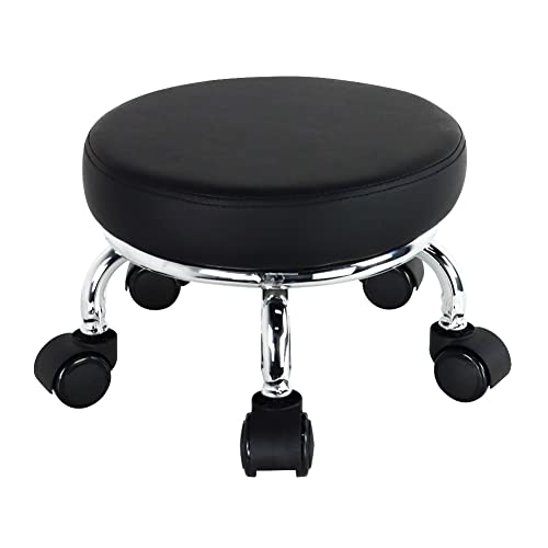 Modern Roller Seat PU Leather Low Round Rolling Stool 360° Swivel Small Seat with Universal Wheels Foot Stool for Home Office Garage Shop Fitness Sport H：8.6" （Black）