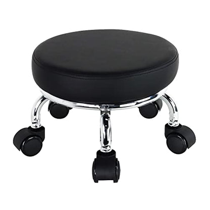 Modern Roller Seat PU Leather Low Round Rolling Stool 360° Swivel Small Seat with Universal Wheels Foot Stool for Home Office Garage Shop Fitness Sport H：8.6" （Black）