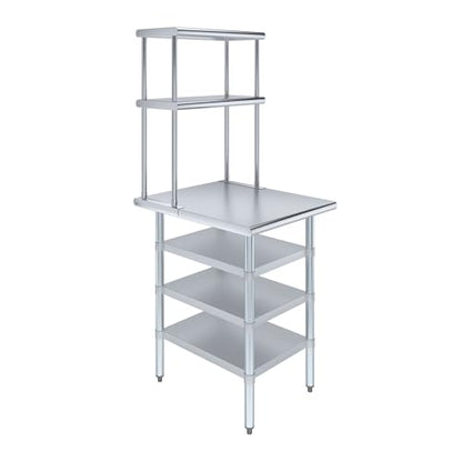 30" x 24" Stainless Steel Work Table with 3 Shelves and 12" Wide Double Tier Overshelf