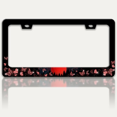 Red Moon Butterfly License Plate Frame Stainless Steel Material 6x12 Inch