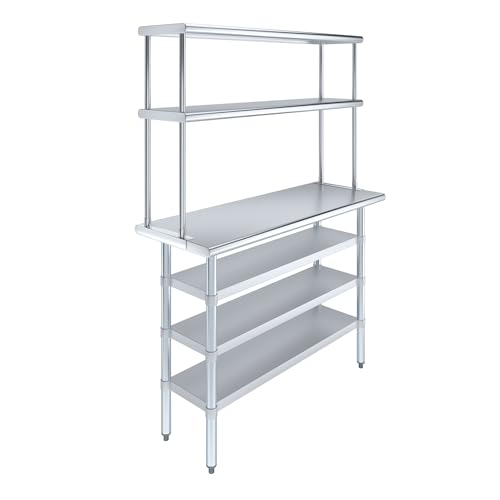 18" x 48" Stainless Steel Work Table with 3 Shelves and 12" Wide Double Tier Overshelf
