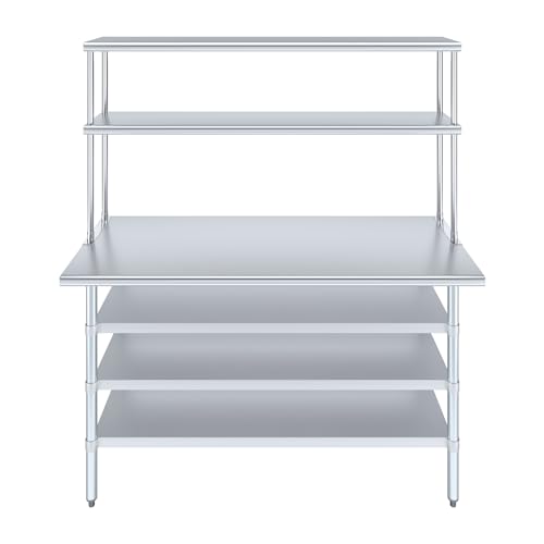 24" x 60" Stainless Steel Work Table with 3 Shelves and 12" Wide Double Tier Overshelf