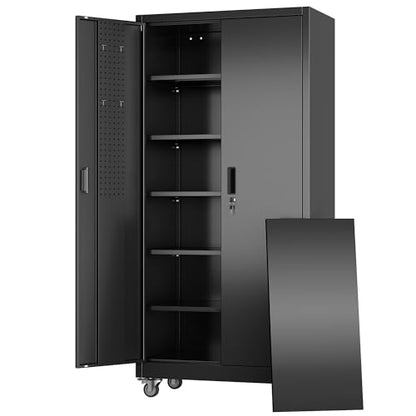 Metal Garage Storage Cabinet with Wheels and Door Pegboard