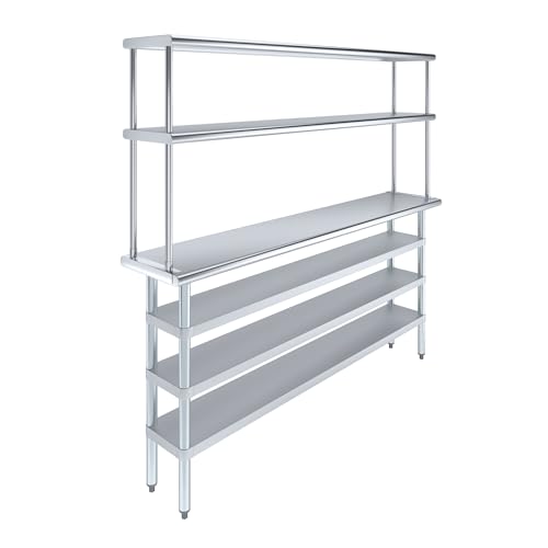 14" x 72" Stainless Steel Work Table with 3 Shelves and 12" Wide Double Tier Overshelf