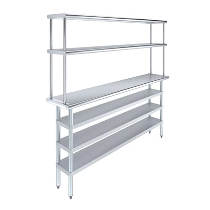 14" x 72" Stainless Steel Work Table with 3 Shelves and 12" Wide Double Tier Overshelf