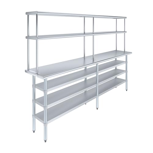 18" x 96" Stainless Steel Work Table with 3 Shelves and 12" Wide Double Tier Overshelf