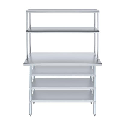 18" x 48" Stainless Steel Work Table with 3 Shelves and 12" Wide Double Tier Overshelf