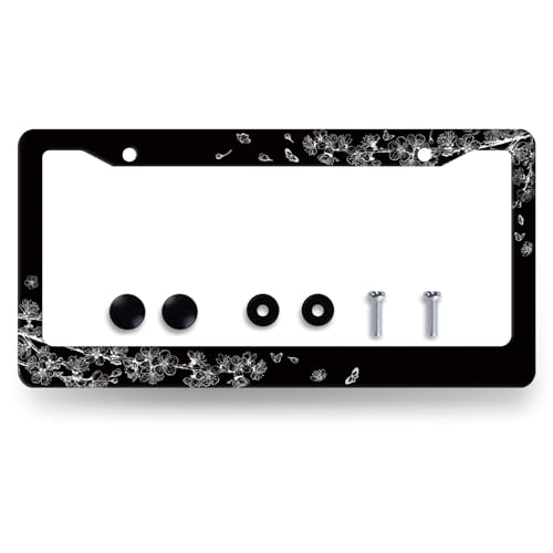 Stainless Steel Black White Cherry Blossom License Plate Frame 12.2 x 6.2In