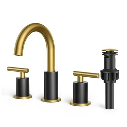 Bathroom Sink Faucet 3 Hole Black and Gold 8 Inch Widespread