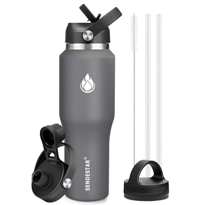 40oz Water Bottle Wide Mouth Stainless Steel Vacuum Insulated Double Wall with 2 Straw Lids Fit in Any Car Cup Holder