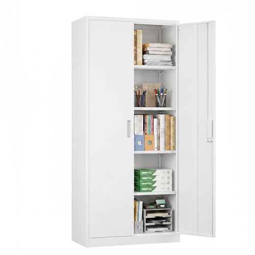 71 Inch White Metal Storage Cabinet with Locking Doors