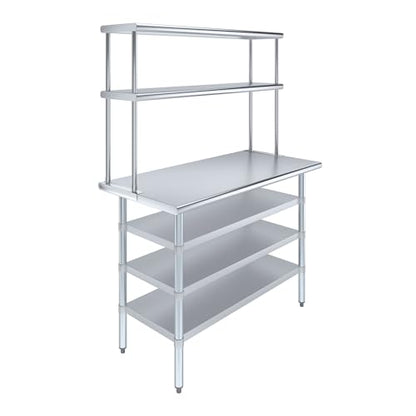24" x 48" Stainless Steel Work Table with 3 Shelves and 12" Wide Double Tier Overshelf