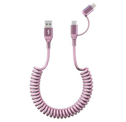 USB to USB C and Lightning Pink Car Charger Cable