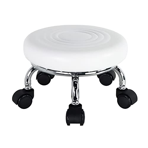 Modern Roller Seat PU Leather Foot Stool Low Round Rolling Stool 360° Step Stool Swivel Small Seat with Universal Wheels for Home Office Garage Shop Fitness Sport H：8.4" （White）