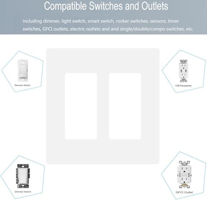 2 Gang Screwless Decora Wall Plate Cover Double Switch Outlet Electrical Faceplate for Light Switch (10 Count)